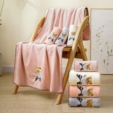 1pc Embroidered Teddy Bear Coral Velvet Soft Absorbent Towel, Not Easy To Shed. Ideal For Bathroom, Face Wiping And Showering - Baby Pink - View 4