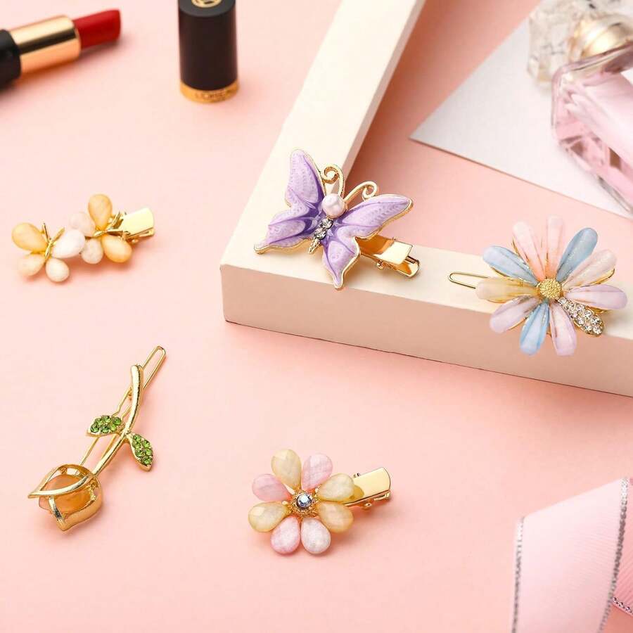 5 件女孩装饰发夹水钻发夹蝴蝶花发夹手工金属发夹闪光水晶发夹珠宝配饰婚礼 - 彩色 - 查看 1