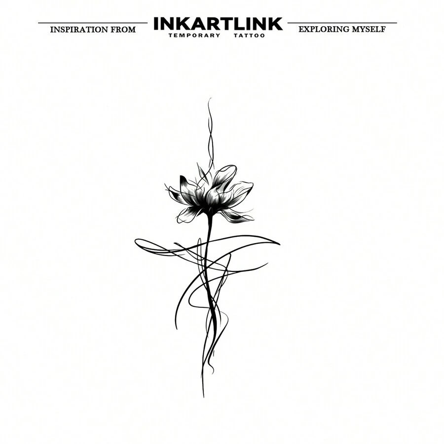 INKARTLINK 1入組8*16cm墨水蓮花植物草本汁臨時刺青貼紙,藝術刺青,15天半永久性刺青,逼真假刺青,持久1-2週 - 黑色 - 查看 1