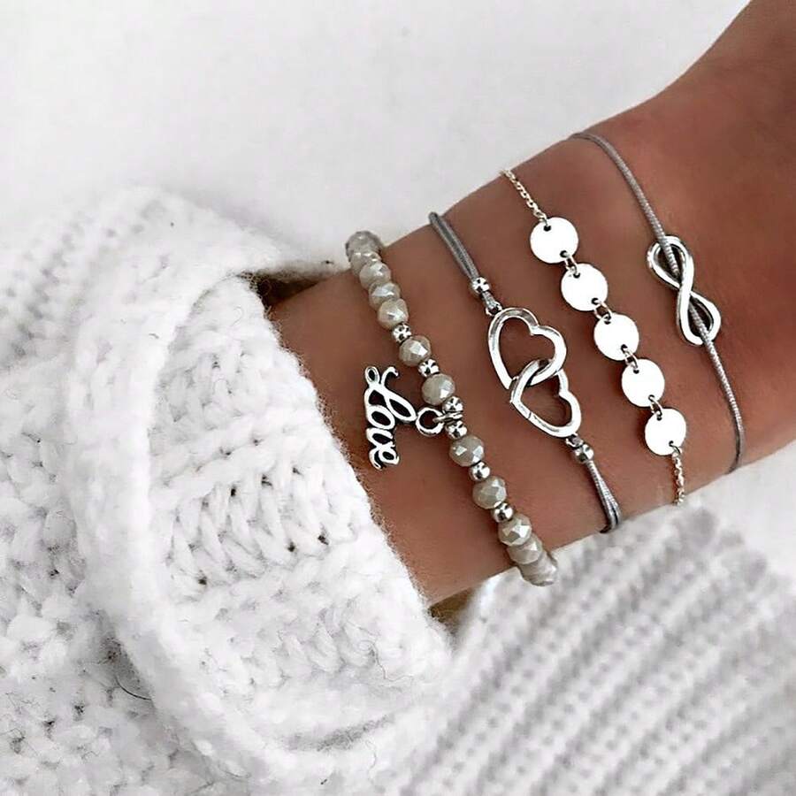 4pcs Personalized Love, Infinity, Letter & Handmade Round Disc Women Bracelets Set - Silver - View 1