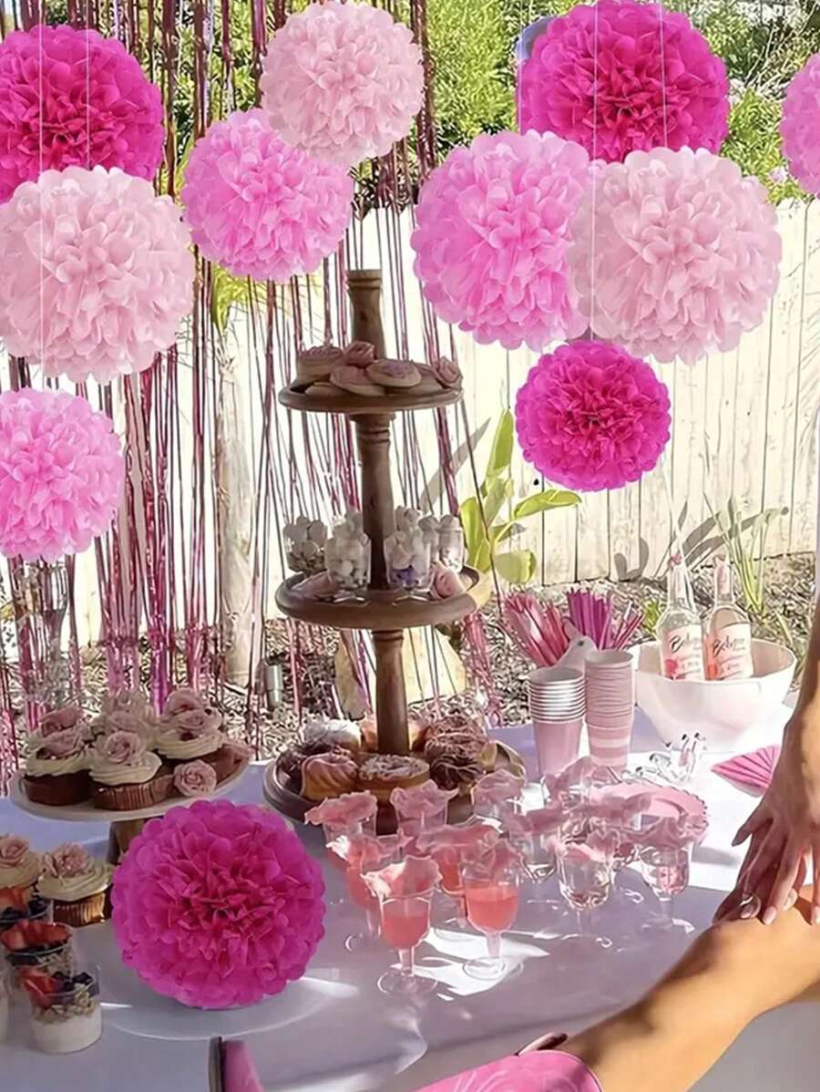8pcs Pink & White Paper Pom Poms Flowers For Bridal, Baby Shower