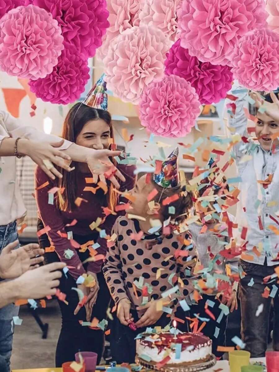 8pcs Pink & White Paper Pom Poms Flowers For Bridal, Baby Shower