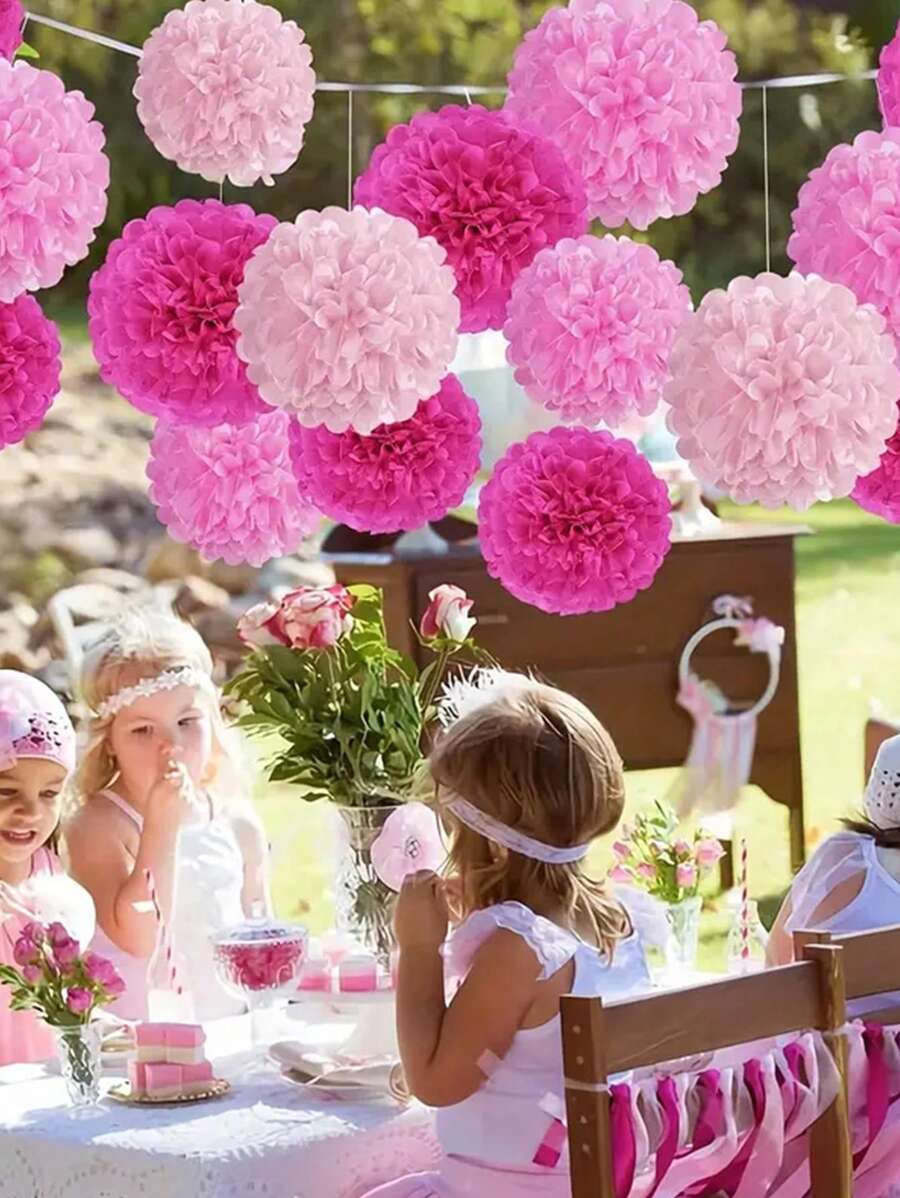 8pcs Pink & White Paper Pom Poms Flowers For Bridal, Baby Shower