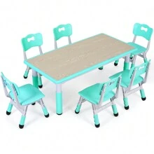 MAMIZO Kids Table And 6 Chairs Set, Height Adjustable Graffiti Table, Preschool Activity Art Craft Table, For Daycare Classroom Home Boys And Girls Age 3-12 - Robin trứng xanh - Xem 1