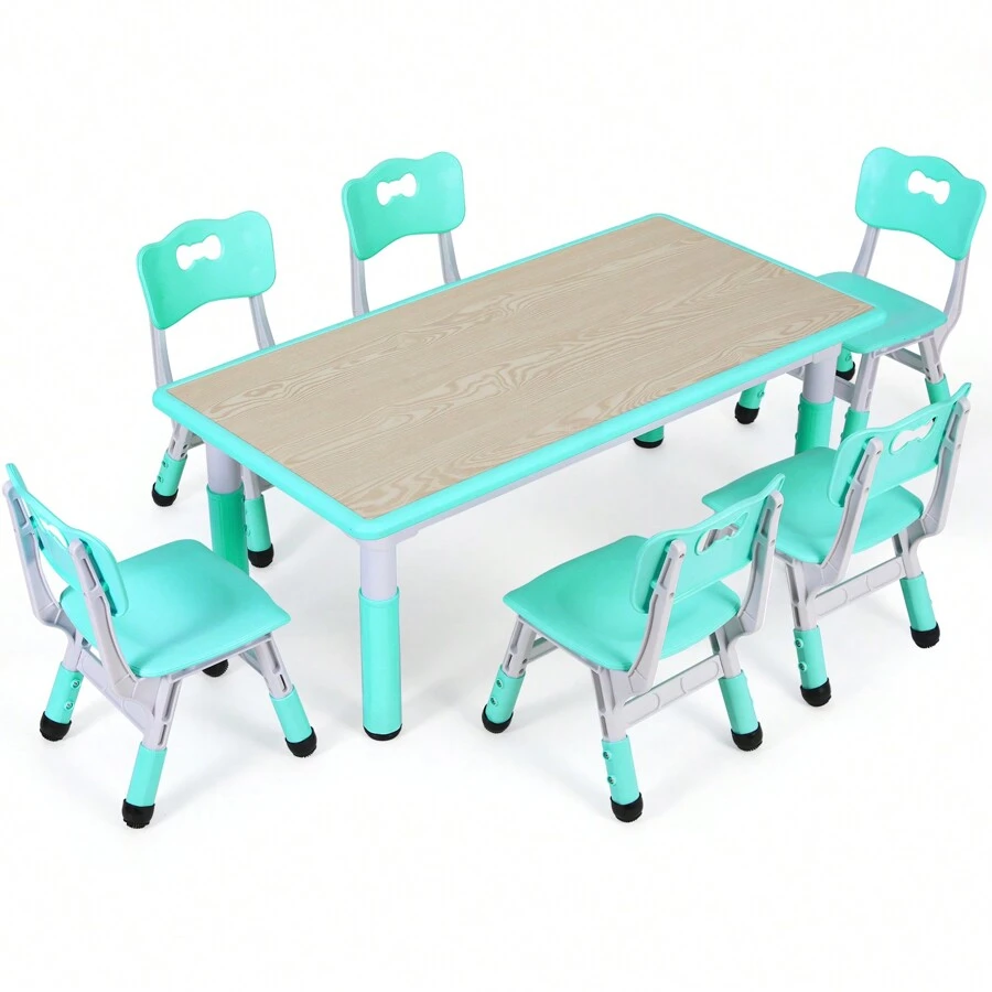 MAMIZO Kids Table And 6 Chairs Set, Height Adjustable Graffiti Table, Preschool Activity Art Craft Table, For Daycare Classroom Home Boys And Girls Age 3-12 - Robin trứng xanh - Xem 1