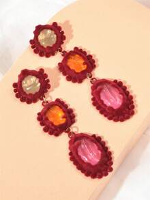 1對復古風格時尚絨綴幾何腕表設計女款壓克力吊墜耳環,適用於日常&節日穿著 - 酒紅色 - 查看 2