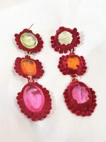 1對復古風格時尚絨綴幾何腕表設計女款壓克力吊墜耳環,適用於日常&節日穿著 - 酒紅色 - 查看 5