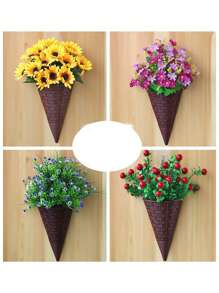 1 pieza Cesta colgante de flores artificiales en forma de abanico, macetero de pared de ratán triangular, canasta colgante de decoración interior para arreglo floral