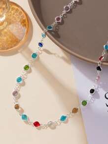 1 件随机彩色玻璃珠项链，银色/金色，派对/约会/情人节配饰 - 銀色 - 查看 5