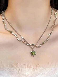 Heartfelt Summer~ 甜美清涼女式綠心吊墜項鍊,分層,高端設計,鎖骨獨特頸鍊 - 銀色 - 查看 5