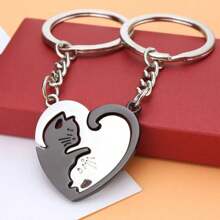 Heart-Shaped Mosaic Love Cat Design Keychain For Couple, Stainless Steel Keyring Pendant, Western Style Cat Keychain - Black and White - View 1