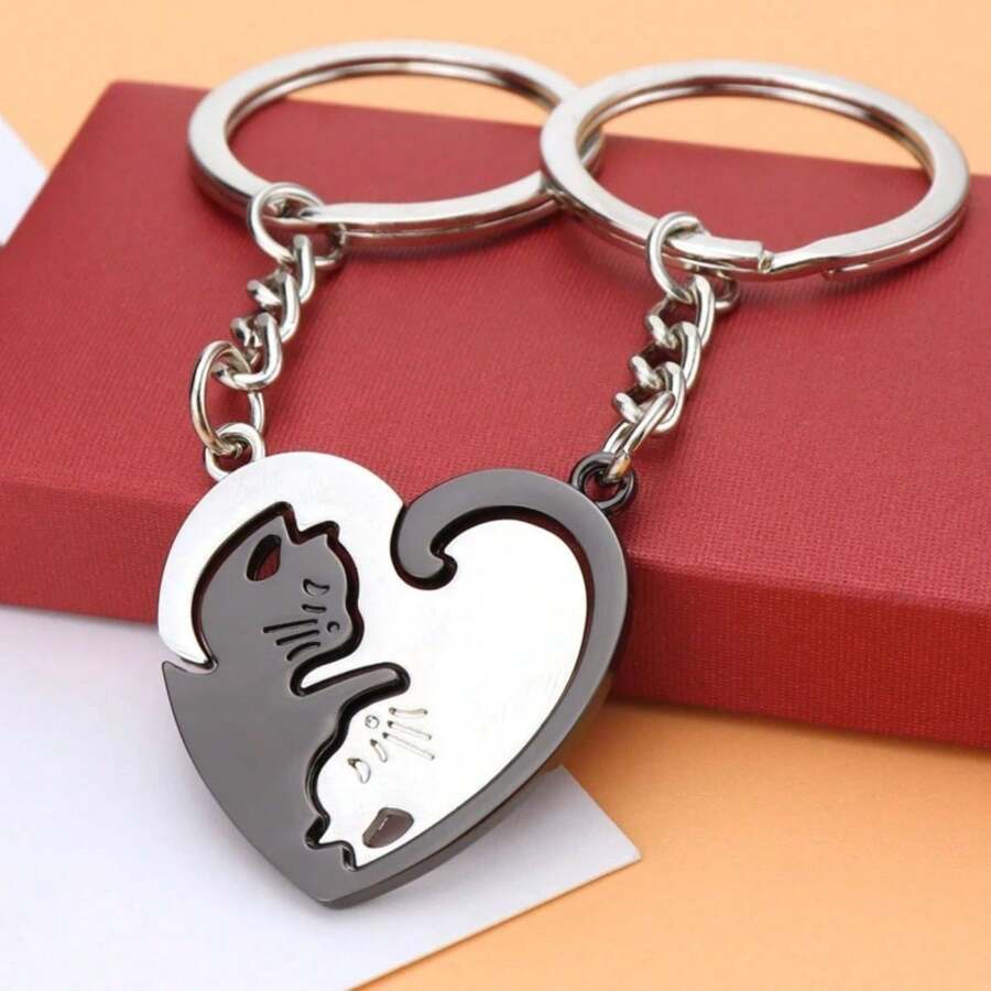 Heart-Shaped Mosaic Love Cat Design Keychain For Couple, Stainless Steel Keyring Pendant, Western Style Cat Keychain - Black and White - View 1