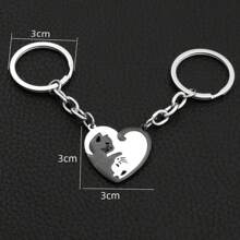 Heart-Shaped Mosaic Love Cat Design Keychain For Couple, Stainless Steel Keyring Pendant, Western Style Cat Keychain - Black and White - View 3