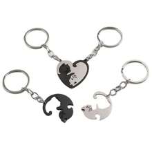 Heart-Shaped Mosaic Love Cat Design Keychain For Couple, Stainless Steel Keyring Pendant, Western Style Cat Keychain - Black and White - View 2
