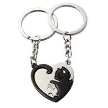Heart-Shaped Mosaic Love Cat Design Keychain For Couple, Stainless Steel Keyring Pendant, Western Style Cat Keychain - Black and White - View 7
