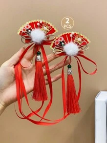 2pcs Kids' Hair Accessories Red Fringe Tassel Fan-Shaped Flower & Alligator Hair Clip - Red and White - View 9
