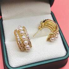 1pair New Pearl C-Shaped Stud Earrings For Women Multi-Layers Gold Color Metal Small Earrings Full Rhinestone Chic Lovely Ear Decor - Gold - View 4
