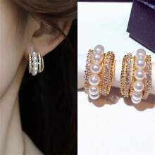 1pair New Pearl C-Shaped Stud Earrings For Women Multi-Layers Gold Color Metal Small Earrings Full Rhinestone Chic Lovely Ear Decor - Gold - View 1