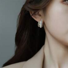 1pair New Pearl C-Shaped Stud Earrings For Women Multi-Layers Gold Color Metal Small Earrings Full Rhinestone Chic Lovely Ear Decor - Gold - View 5