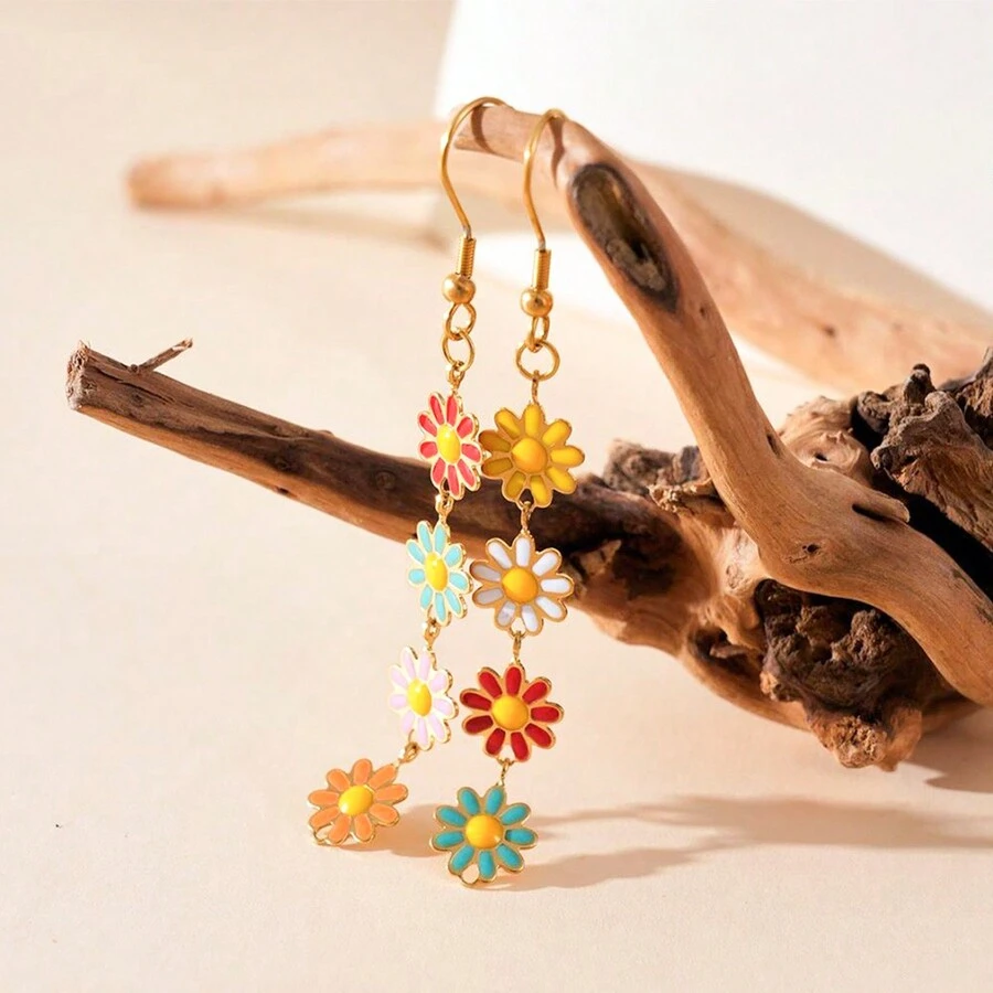 1對時尚可愛的滴油和多彩花形吊墜耳環,適合女士婚禮、派對、宴會佩戴 - 花朵 - 查看 1