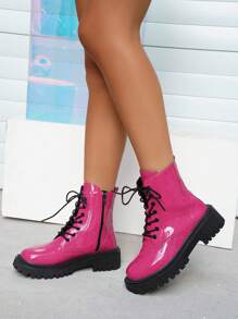 New Women's Fashion Boots Lace-Up Chunky High Heels Glossy Pu Leather Short Boots With Side Zipper Retro Motorcycle Boots, Pink