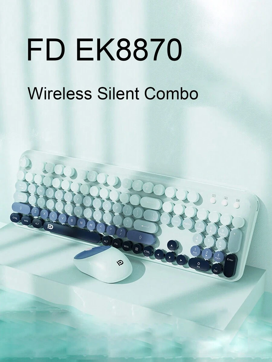 福點ek8870無線鍵盤和滑鼠套裝筆記型電腦桌面電腦家庭辦公室淺色調復古混色圓形按鈕104鍵人體工學2.4g無線 - 低音按鍵 - 圓形鍵帽藍色