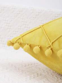 1pc Plush Fabric Grid Pattern Pom Pom Decor Pillow Cover - Yellow - View 2