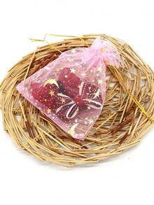 10 件套裝,9*12 公分星月設計糖果收納袋,金箔印花歐根紗禮品袋,粉紅色創意網狀抽繩禮品袋 - 粉色 - 查看 6