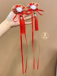 2pcs Kids' Hair Accessories Red Fringe Tassel Fan-Shaped Flower & Alligator Hair Clip - Red and White - View 5