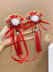 2pcs Kids' Hair Accessories Red Fringe Tassel Fan-Shaped Flower & Alligator Hair Clip - Red and White - View 4