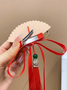 2pcs Kids' Hair Accessories Red Fringe Tassel Fan-Shaped Flower & Alligator Hair Clip - Red and White - View 8