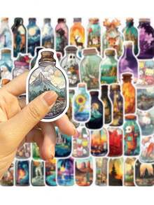 50pcs Cartoon Bottle World Graffiti Card Stickers For Personalized Decoration Of Guitar, Notebook, Luggage Etc - Multicolor - View 4