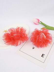 2pcs Children's Flower Hair Ties For Kids' Bun Hair Styles, Elastic Stretchy Hairbands Without Hurting Hair - Red - View 2