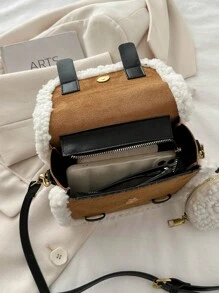 Fall/Winter Suede Tote Bag With Superior Sensation Casual Shoulder Bag For Women Single Strap Fashionable Minimalist Contrast Color Square Bag Suitable For Commuting, Dating And Working Crossbody Bag With Small Round Bag - Brown - View 5