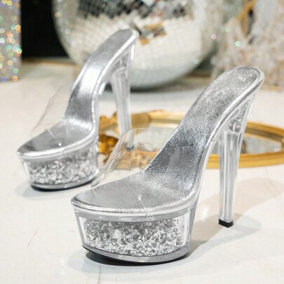 Spring/Summer New Stage High Heels, 2025 Spring Clear Gold Super High Heel Women's Shoes, Thick Sole Fashionable Catwalk Glitter High Heels, Elegant Stilettos For Party, Banquet, Fashion Events