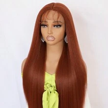 32英寸橙色長絲直合成纖維t型鏈接前沿假髮,13x1x4耐高溫不需膠假髮,時尚女士的自然切髮線替代品,適合女性日常晚會度假使用 - 臟橘色 - 查看 7