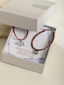 2入組紅色和黑色編織繩心形吊墜新娘手鏈套裝，適合情人節禮物，求婚或婚禮場合 - 彩色 - 查看 4