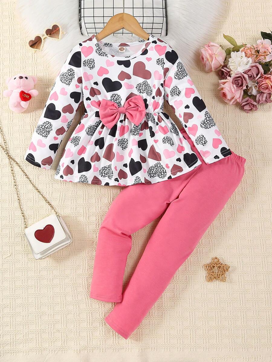 Young Girl Valentine's Day Heart Print Bow Decor Top And Solid Color Pants Set - 粉色 - 查看 1