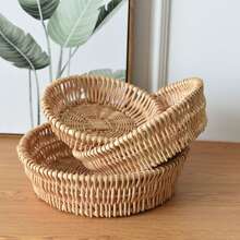 柳條藤竹籃收納籃,30*30*8cm/11.8*11.8*3.1in 編織籃可放食物、水果、零食、雜物、玩具、各種小裝飾品、麵包籃、桌面整理收納籃,耐用 - 棕色 - 查看 5