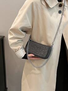 1pc Lightweight Denim Effect Shoulder Bag With Shiny Rhinestone Decor, Suitable For Banquets - Black - View 2