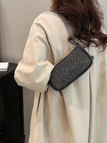 1pc Lightweight Denim Effect Shoulder Bag With Shiny Rhinestone Decor, Suitable For Banquets - Black - View 3