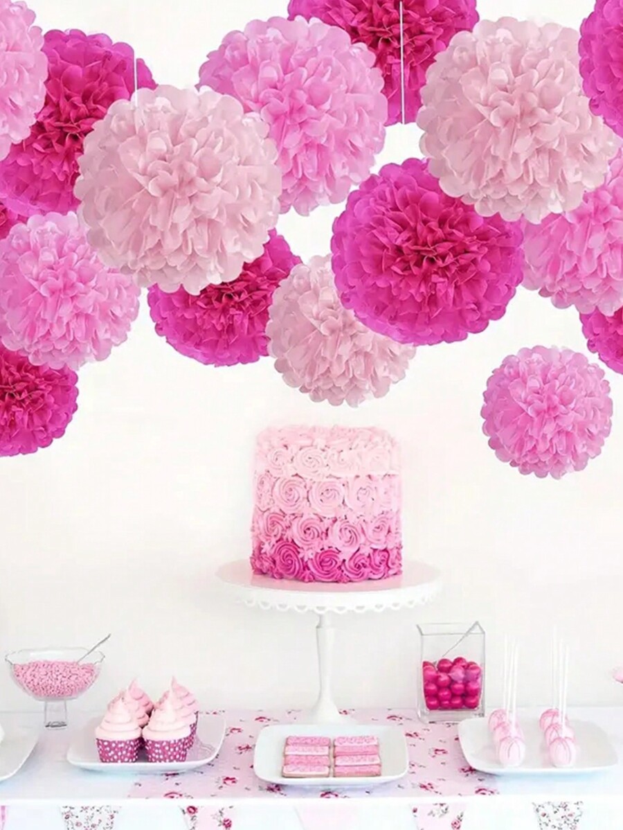 8pcs Pink & White Paper Pom Poms Flowers For Bridal, Baby Shower
