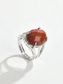 1只天然水晶/礦石石頭卵形切面開口戒指,適用於女性