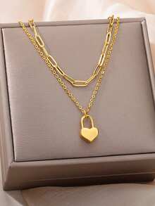 1入新潮流雙層鏈條情人節禮物,愛心掛墜項鍊,不鏽鋼毛衣鍊,時尚珠寶 - 金黃色 - 查看 10