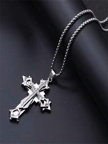 1pc Fashionable Titanium Steel Cross Pendant Necklace With Diamond For Men And Women - Silver - View 2