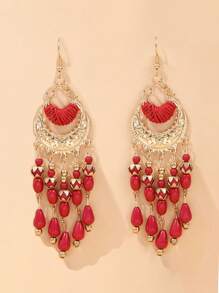 yijiangbeiting 2入組波西米亞風格女士耳環,長圓形水滴流蘇耳環,適合女性旅行度假配飾 - 紅色 - 查看 2