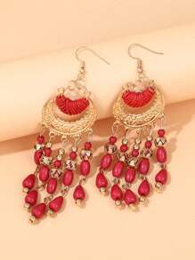 yijiangbeiting 2入組波西米亞風格女士耳環,長圓形水滴流蘇耳環,適合女性旅行度假配飾 - 紅色 - 查看 4