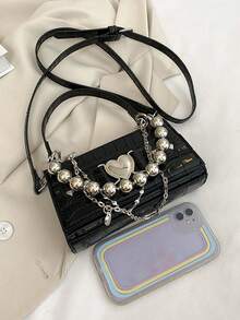 Fashionable Y2k Style Women's Bag,Mini Crocodile Embossed Bag Heart & Buckle Decor Zipper Fashion Flap Square Bag, Cute Heart-Shaped Bag, Waterproof, Can Be Used As Handbag Or Shoulder Bag, Comes With A Short Chain For Decoration. Made Of Pu Leather, Suitable For Women, Girls, Students, Newcomers To Work, White-Collar Workers Or Business Travelers - Black - View 5