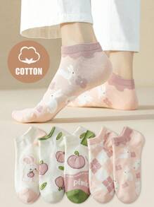5雙/套女士春秋季卡通可愛兔子/桃子/格子圖案時尚、萬用、舒適透氣的粉色短襪 - 彩色 - 查看 1