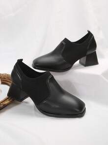 女性方頭針織線彩彈性防滑短筒踝靴,舒適短粗跟 - 黑色 - 查看 5